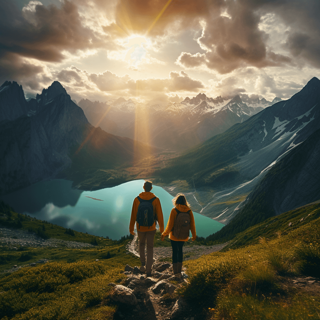 Spectacular aerial view of a young adventurous couple hiking through a lush green valley