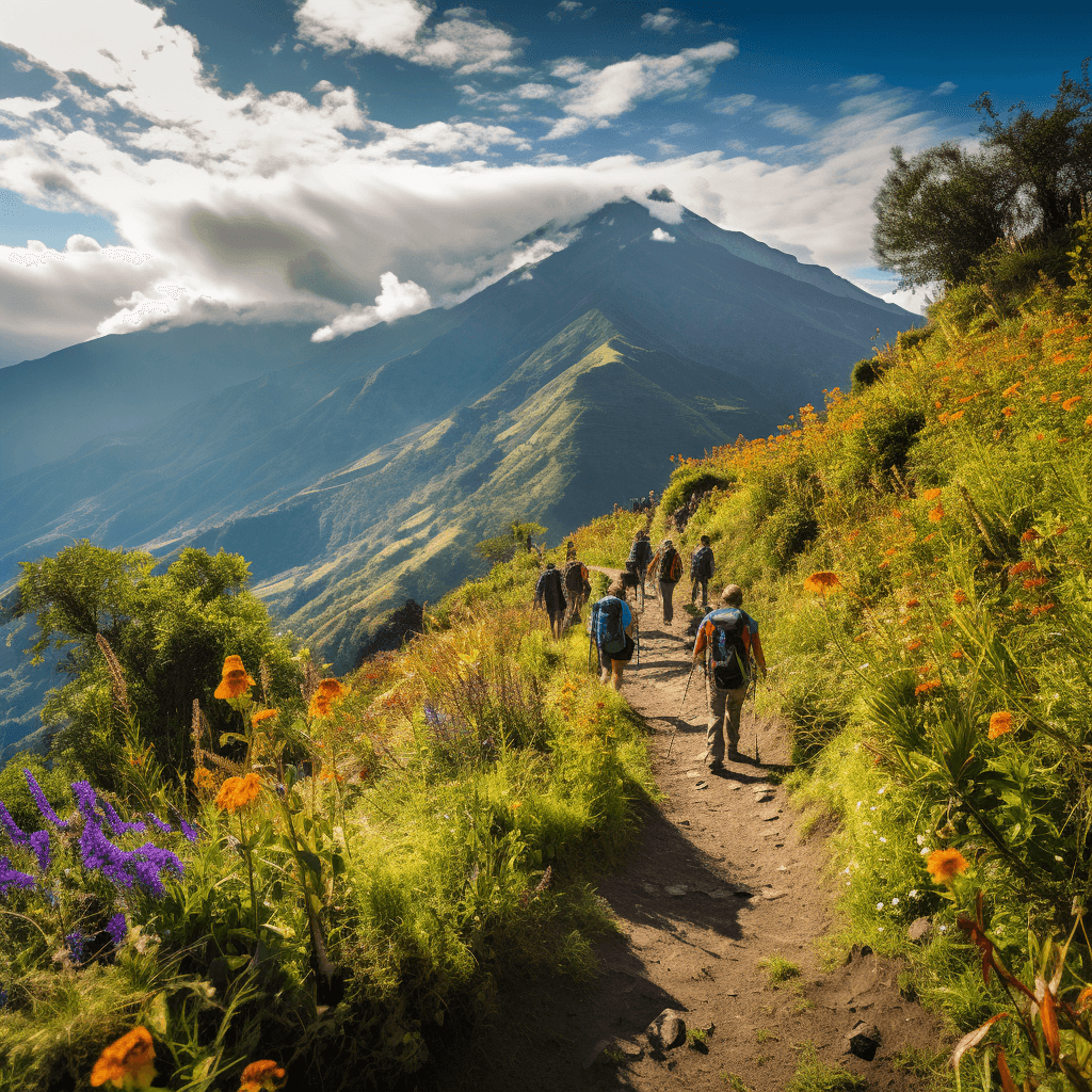 a group of hikers climbing acatenango volcano