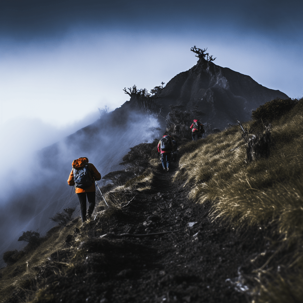 hikers at the summit of the Acatenango volcano