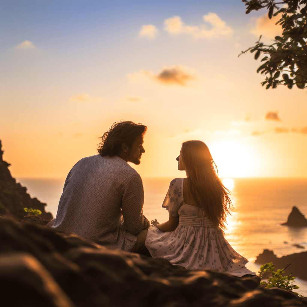 couple at pantai tegal wangi cave uluwatu during sunset