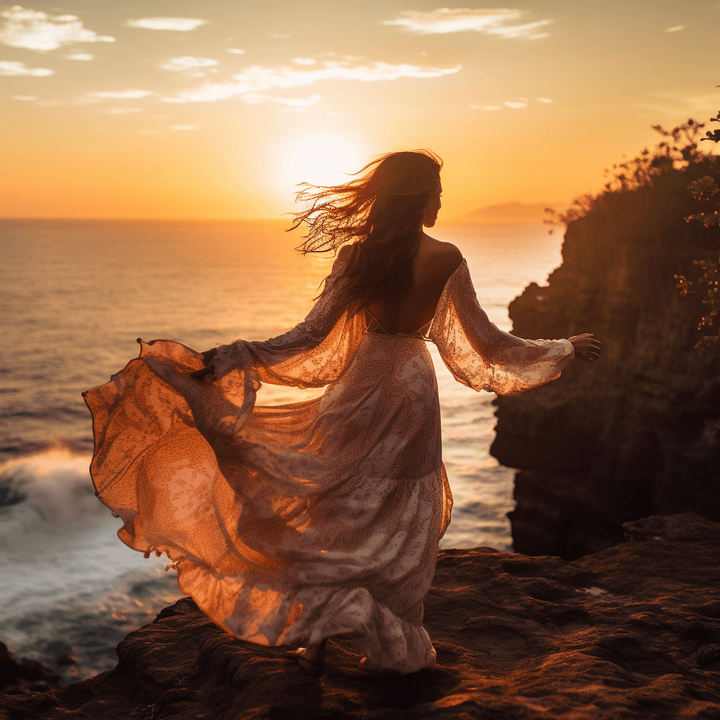 girl posing at pantai tegal wangi beach in uluwatu at sunset