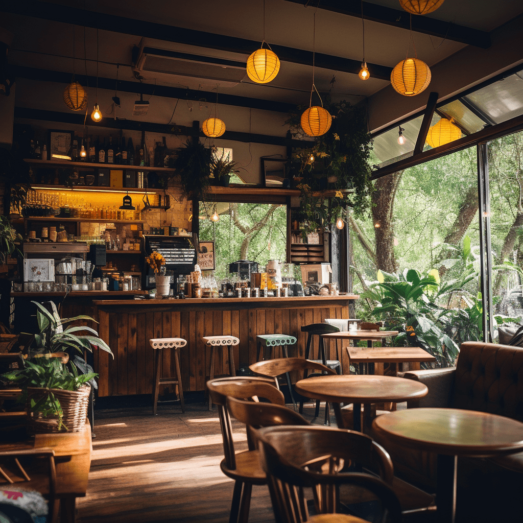 Atmospheric cafe interior with retro decor and cozy zones