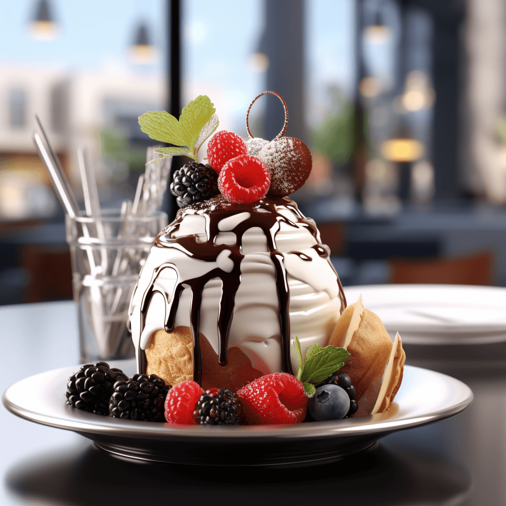 An ice cream scoop with sauce and fresh berries is neatly arranged on a plate