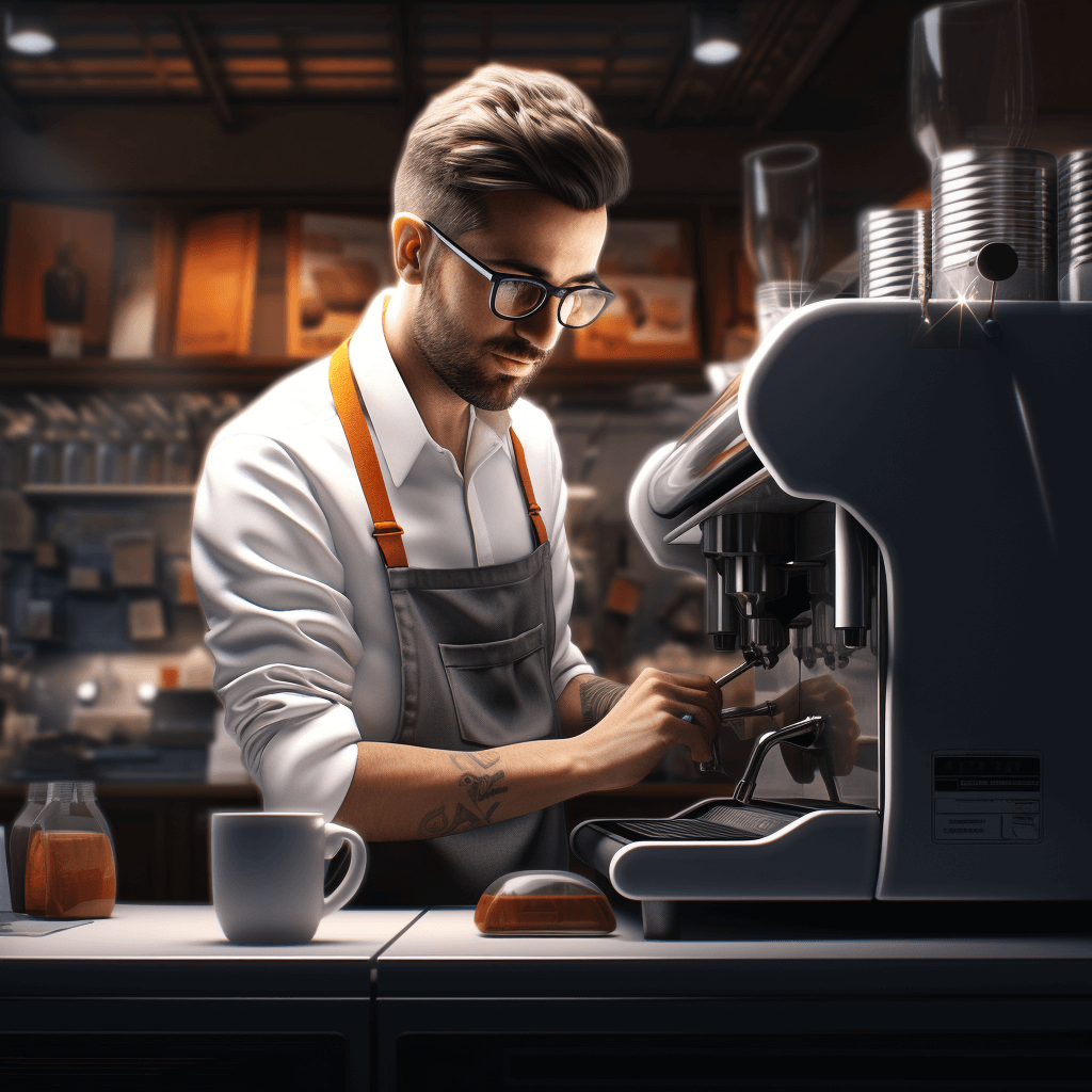 Master barista in an apron demonstrating the preparation of espresso on a professional coffee machine