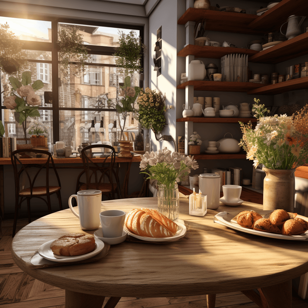 a wooden table on which coffee cups and a plate of pastries are neatly arranged