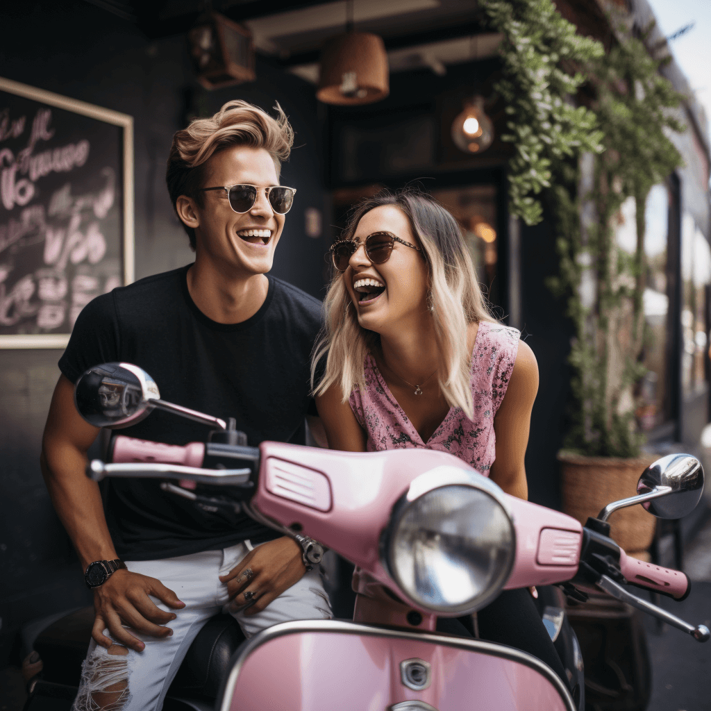 Genre shot of a couple with a pink vintage scooter outside a trendy urban cafe