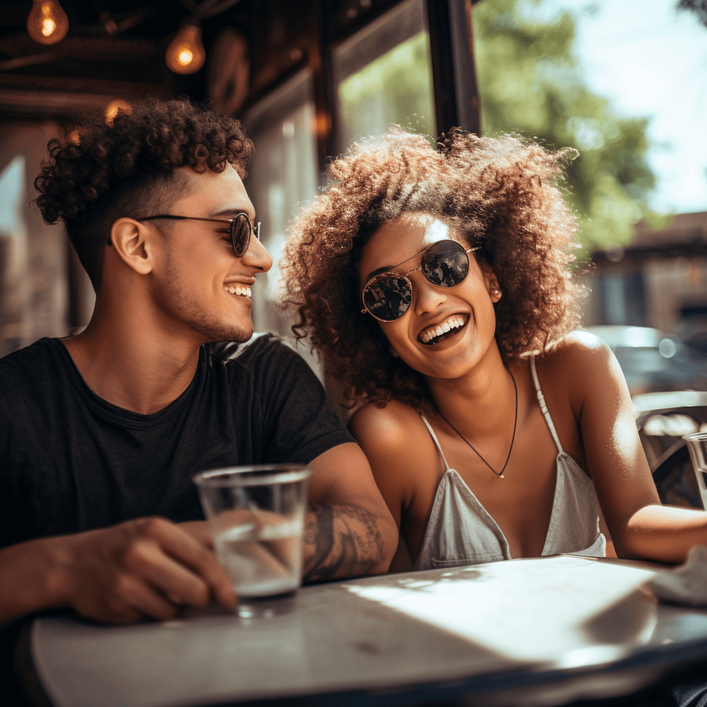 a shot of a couple at a cafe table on a hot day.