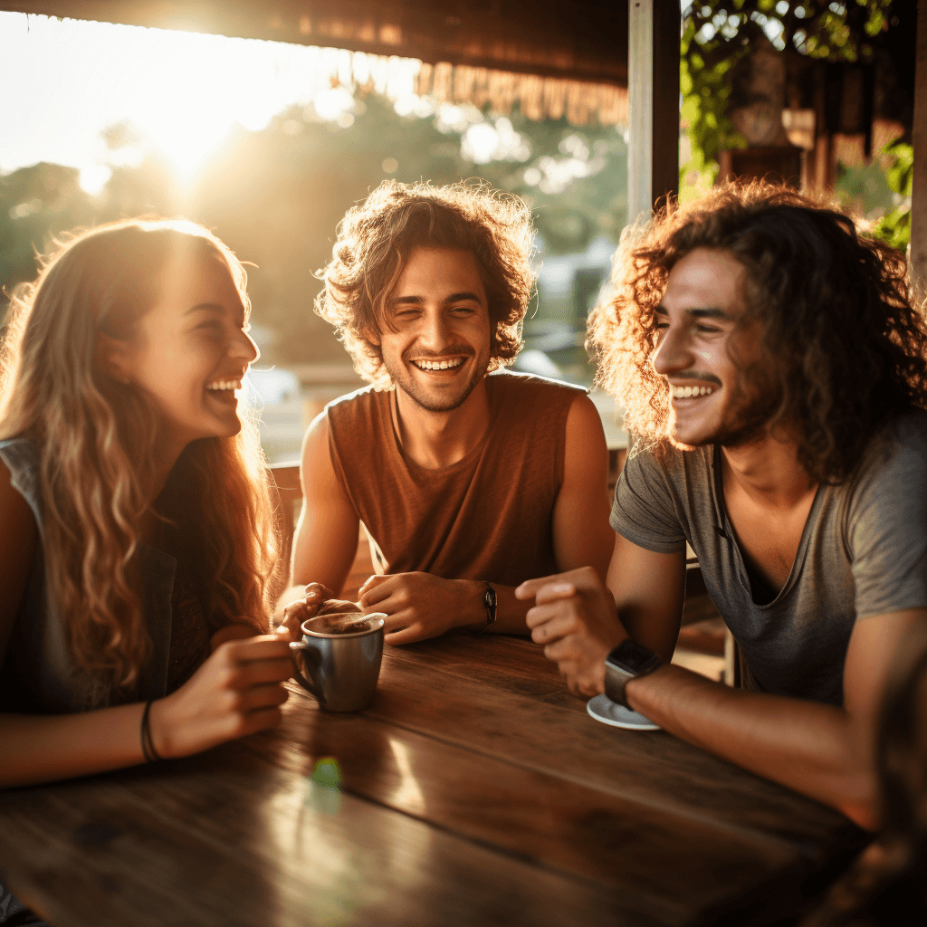 A joyful group of friends with mugs of coffee in the golden hours of sunset