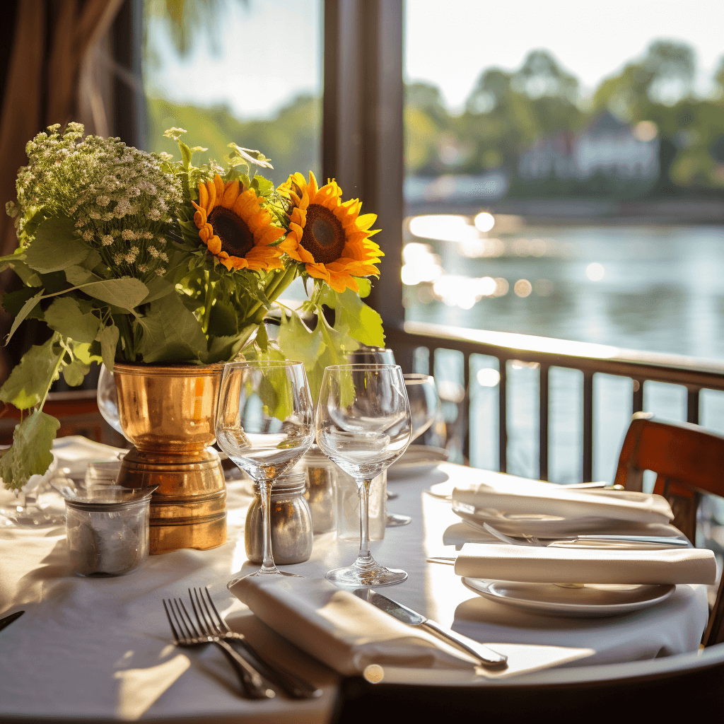 Meticulously detailed restaurant interior with a perfectly set table by the window overlooking the picturesque promenade