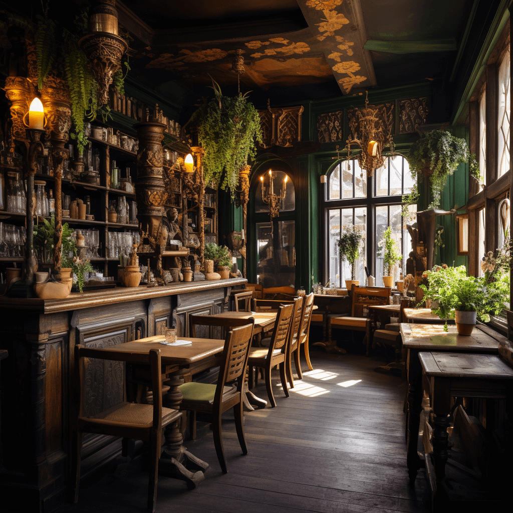 Cozy cafe interior in rustic style with wooden beams and emerald walls with tapestries