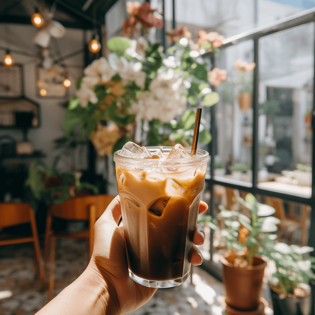 Hand holding a cold brew from The Coffee Shop in Ho Chi Minh City