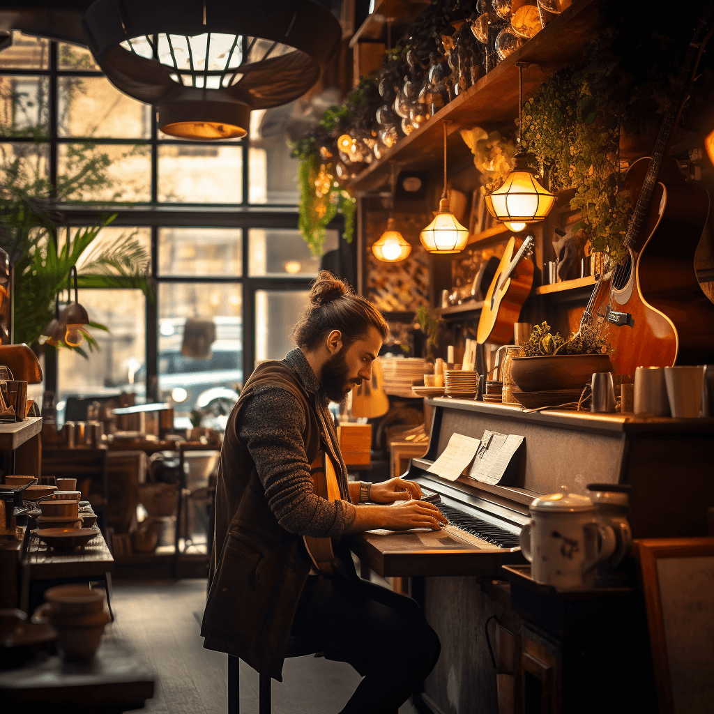 Cafe interior with a musician on a small stage lit by a vintage lamp