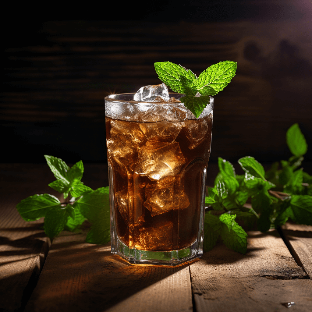 Close-up of a glass of iced coffee with ice cubes and a sprig of mint on a wooden table