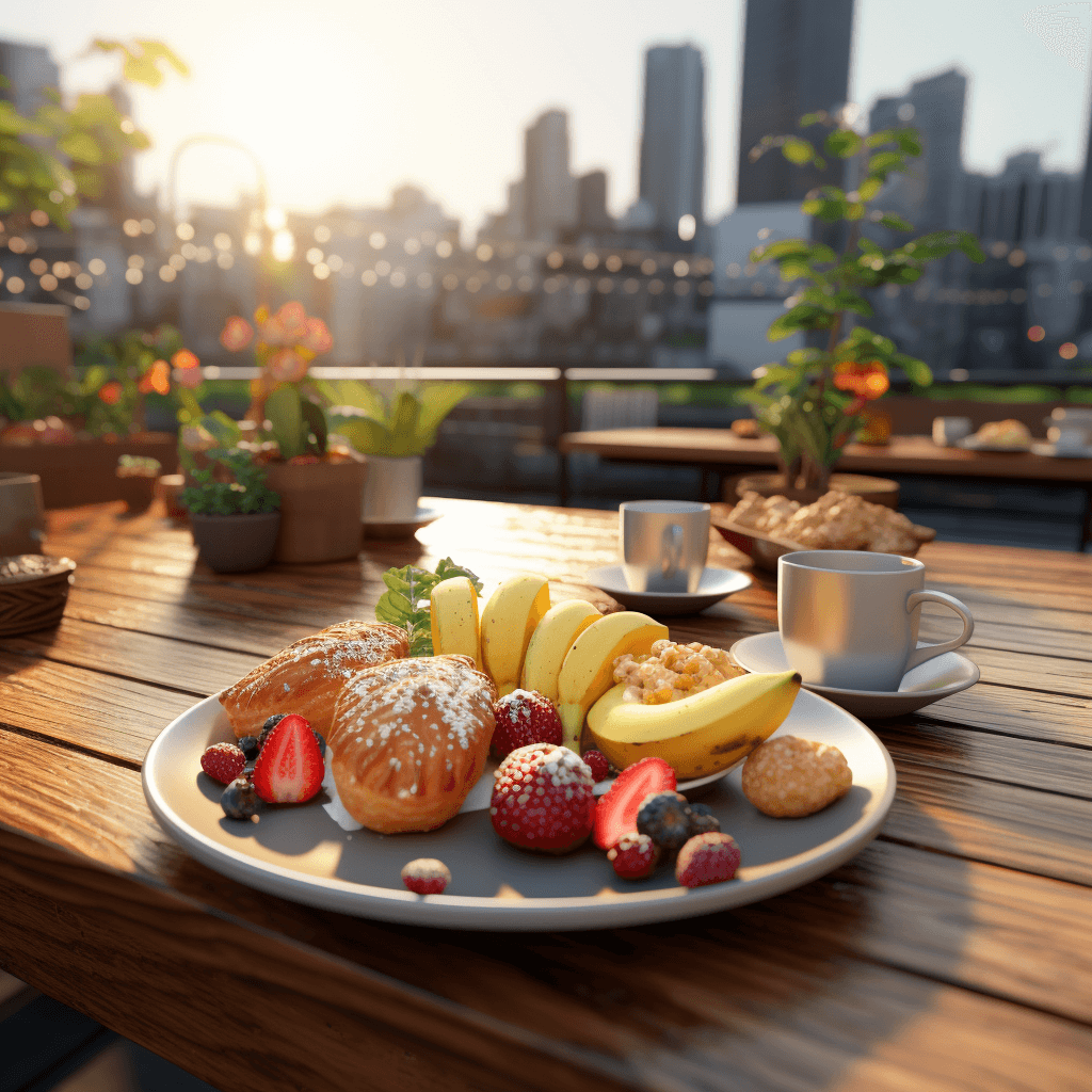 Plates of fresh fruit, scrambled eggs, yogurt and pastries are neatly arranged on a wooden table