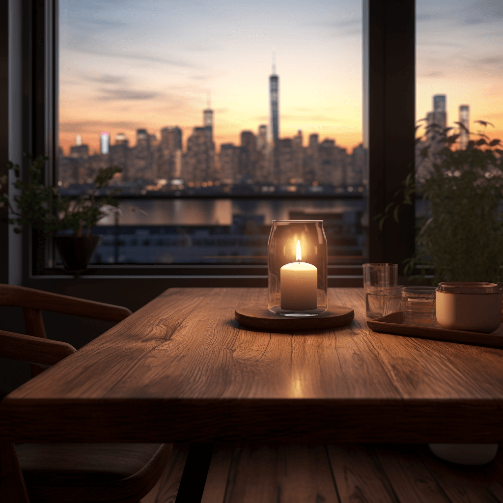 wooden table with a candle in a glass candle holder