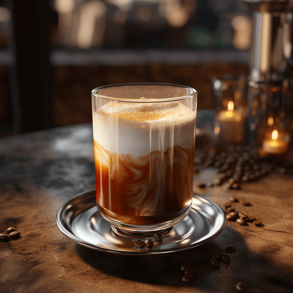 In a tall glass on a tray is an espresso with perfectly smooth, thick, creamy foam