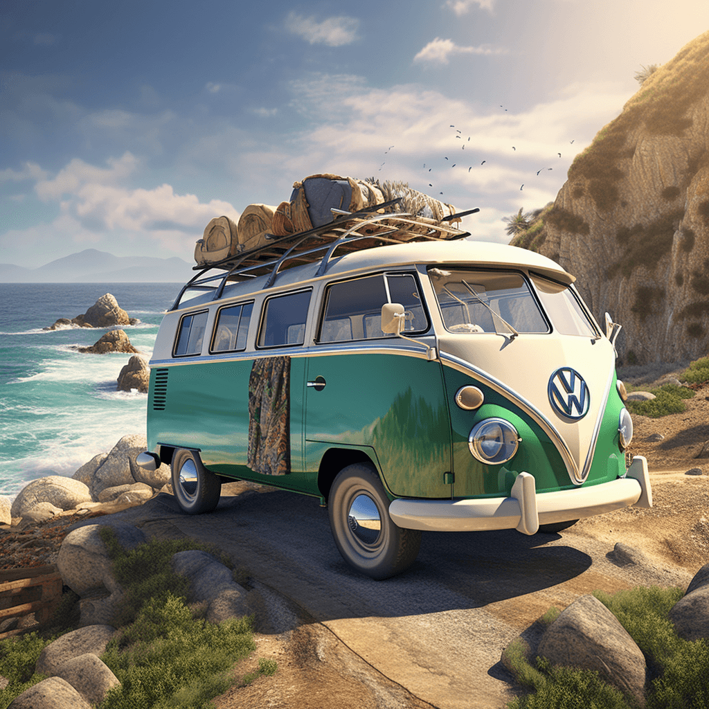 An image of a classic Volkswagen RV parked on a scenic cliffside overlooking the ocean
