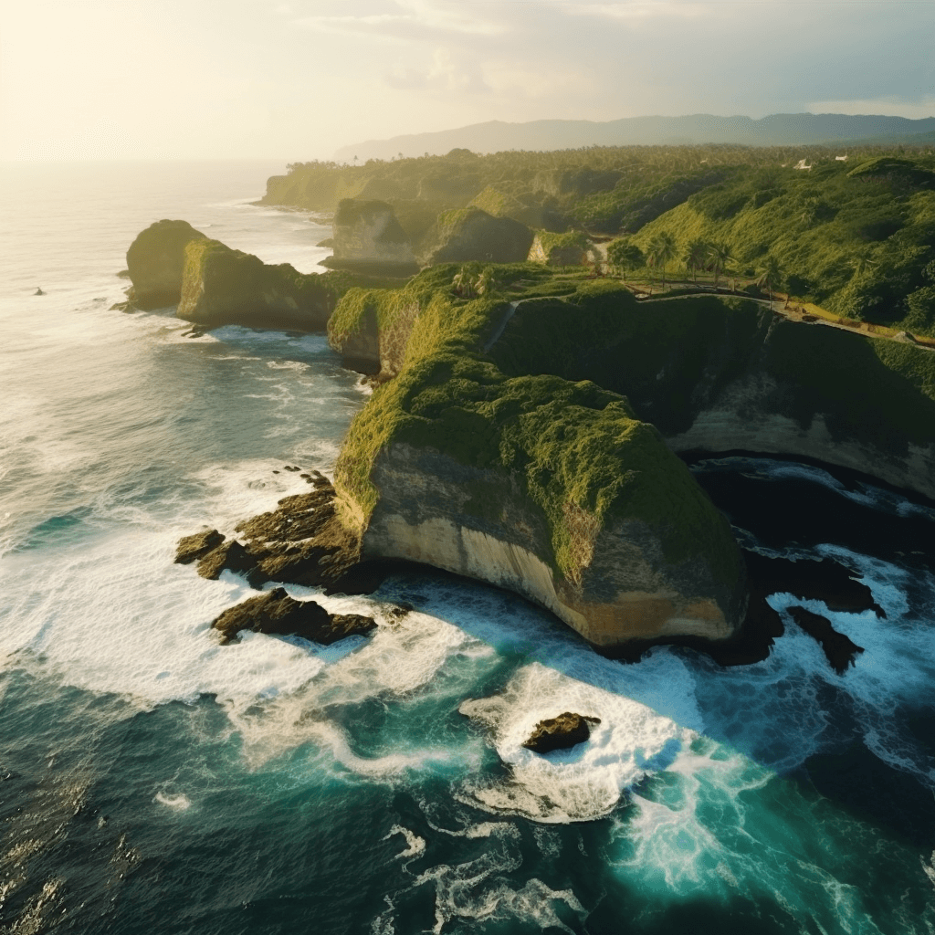 At the foot of the towering cliffs, powerful waves crash against the rocky shoreline