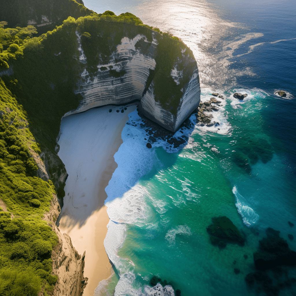 drone shot of kelingking in nusa penida