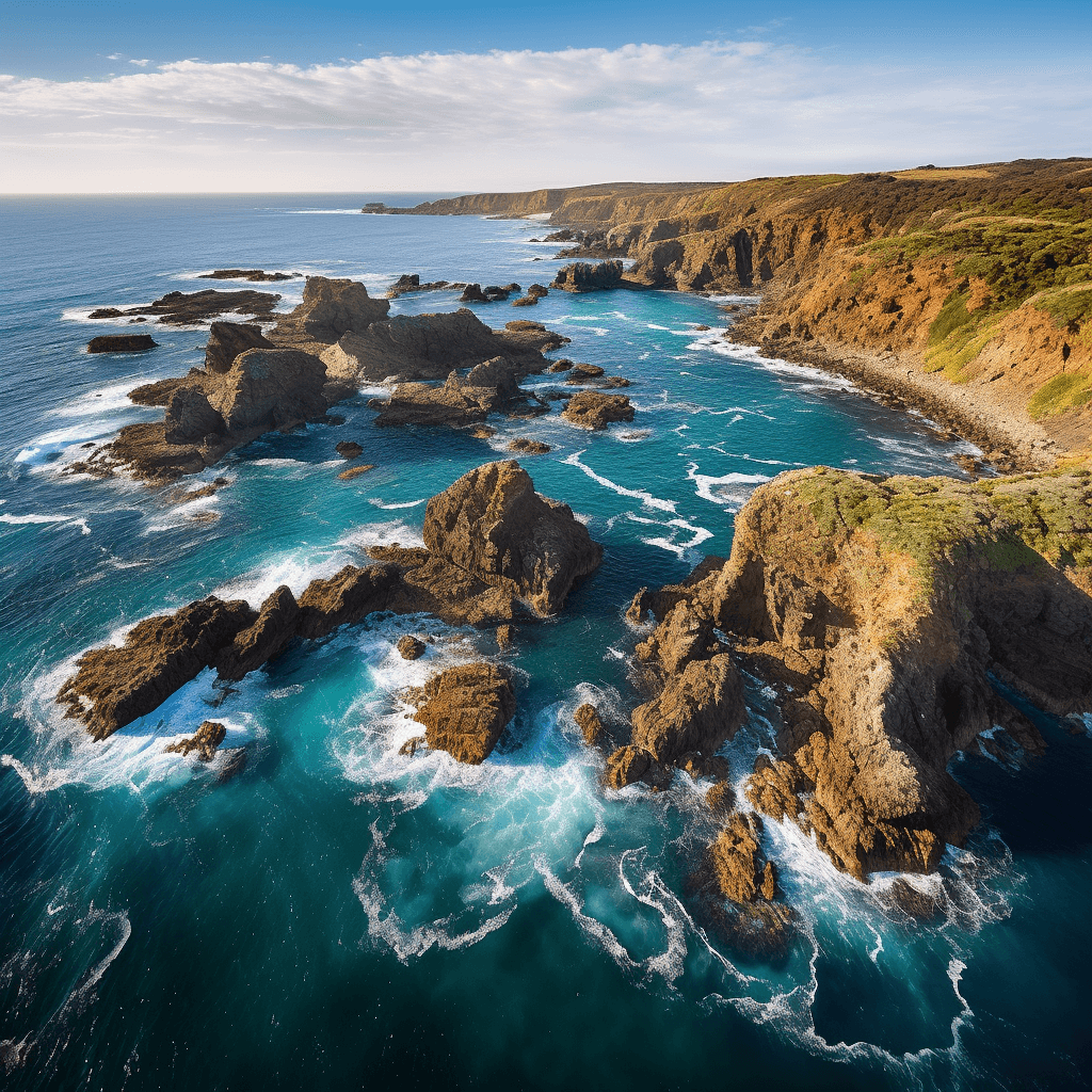 A view from a drone flying high above the windswept cliffs and coastline of Cape Shank, Australia