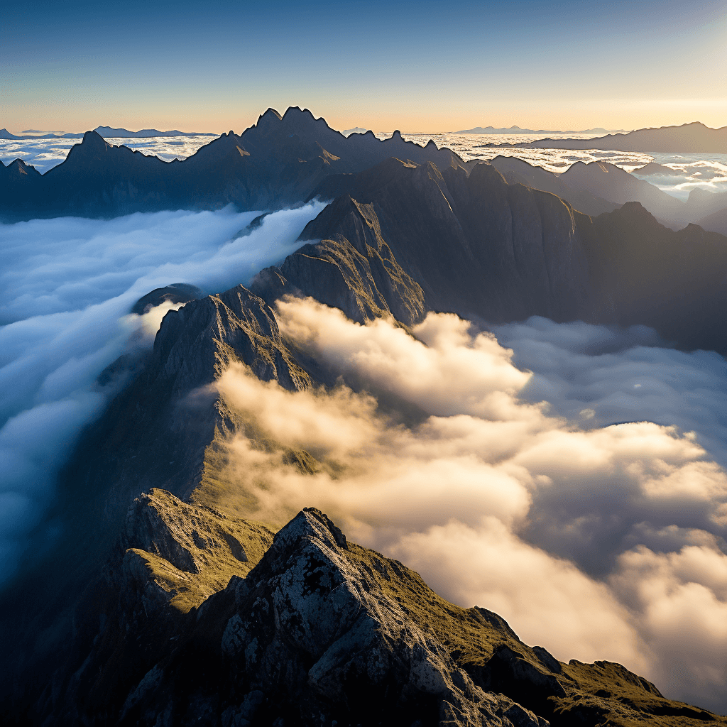 Drone view high above the clouds, towering mountain tops