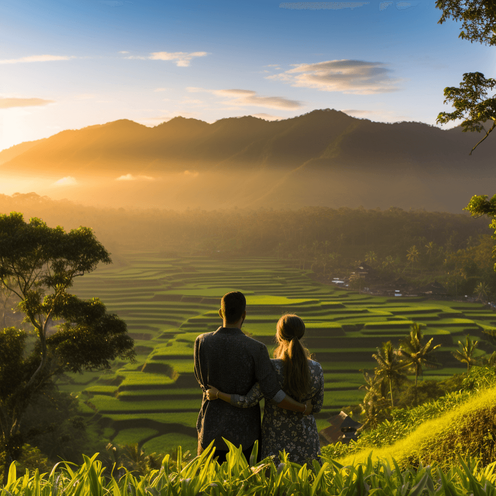Couple posing at Bukit Cinta Viewpoint of mount agung