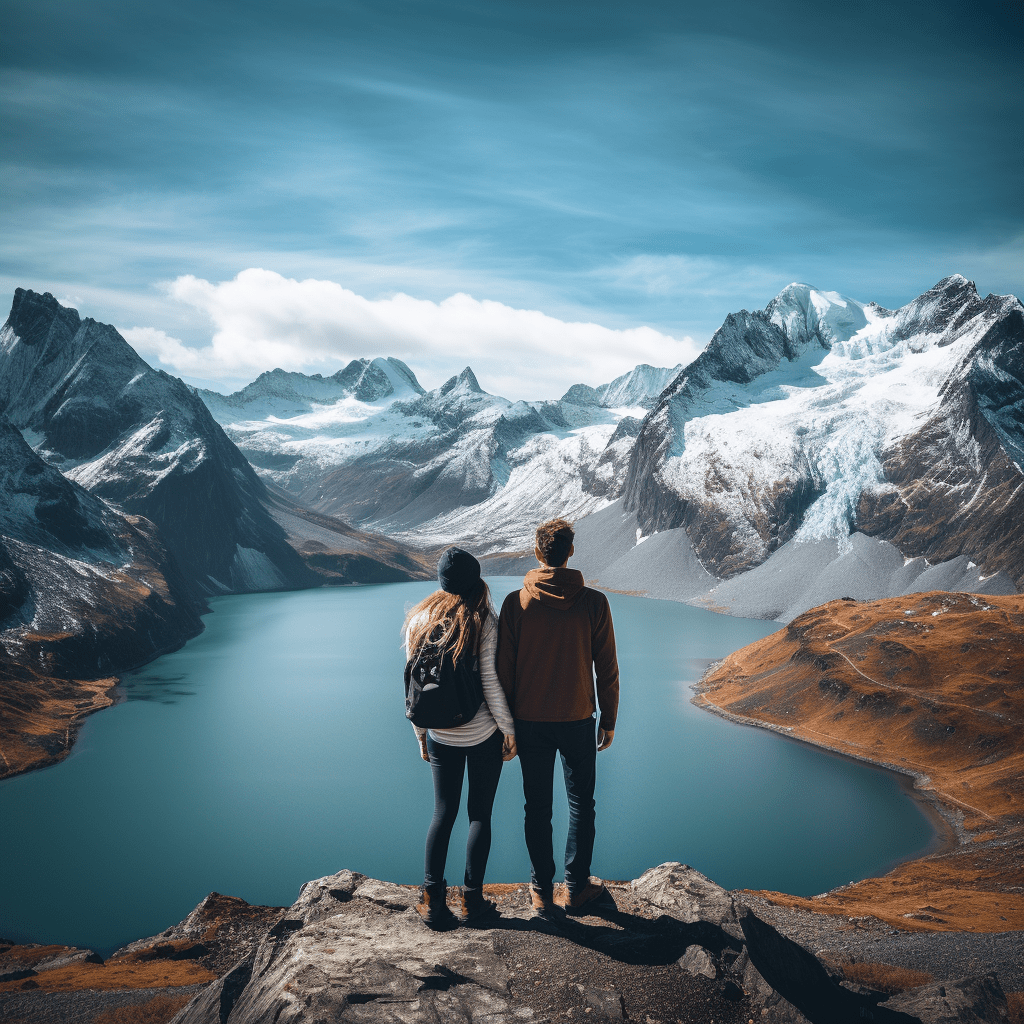 couple posing at humantay lake in peru