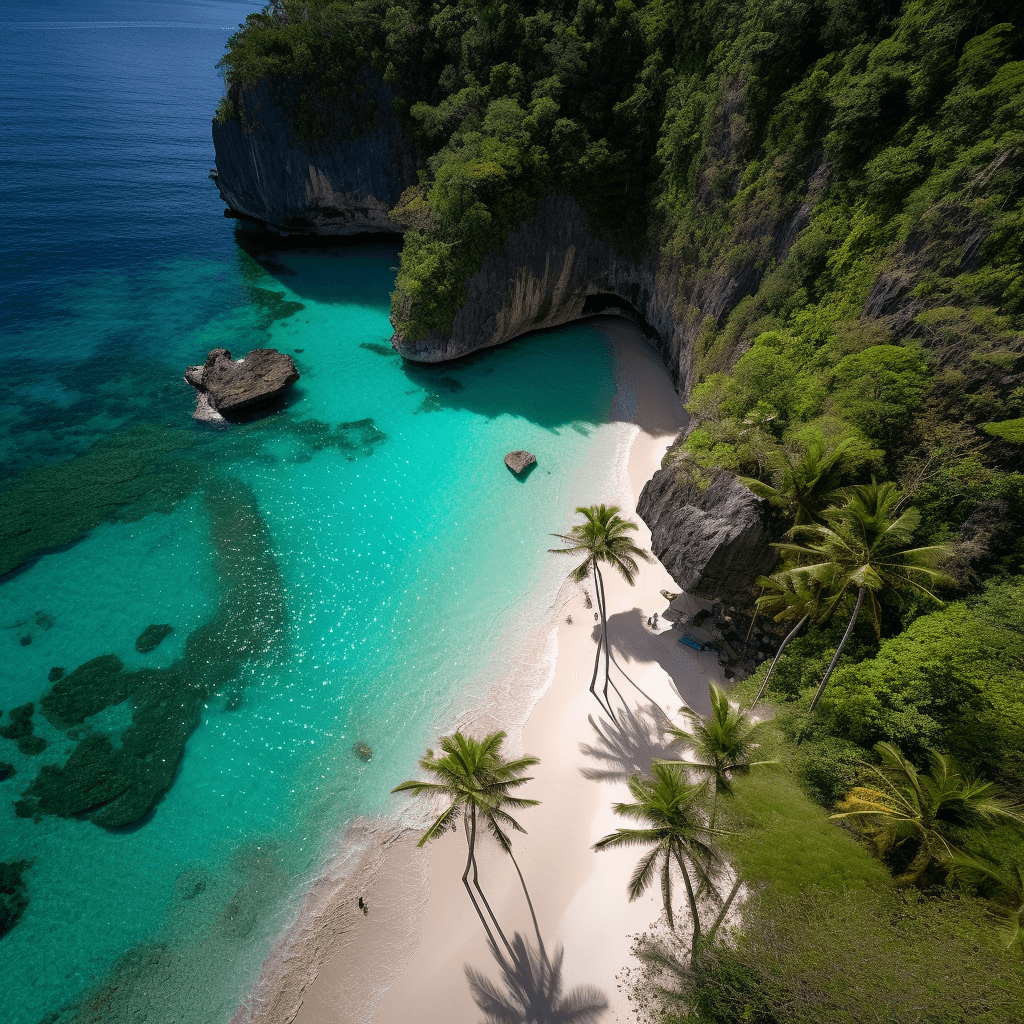 Aerial view of a pristine white sand beach on Koh Phi Phi Phi Leh island in Thailand