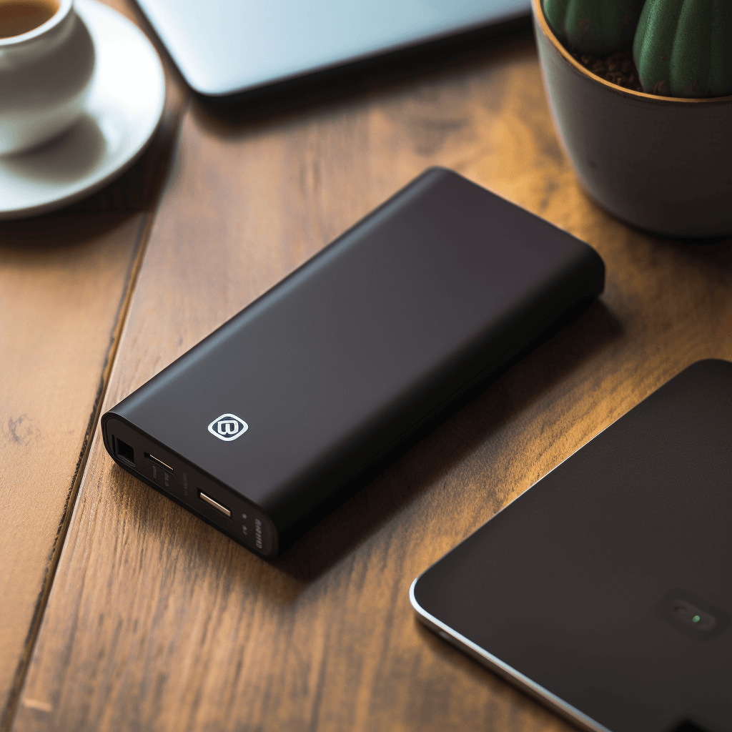A black power bank lying on a wooden table