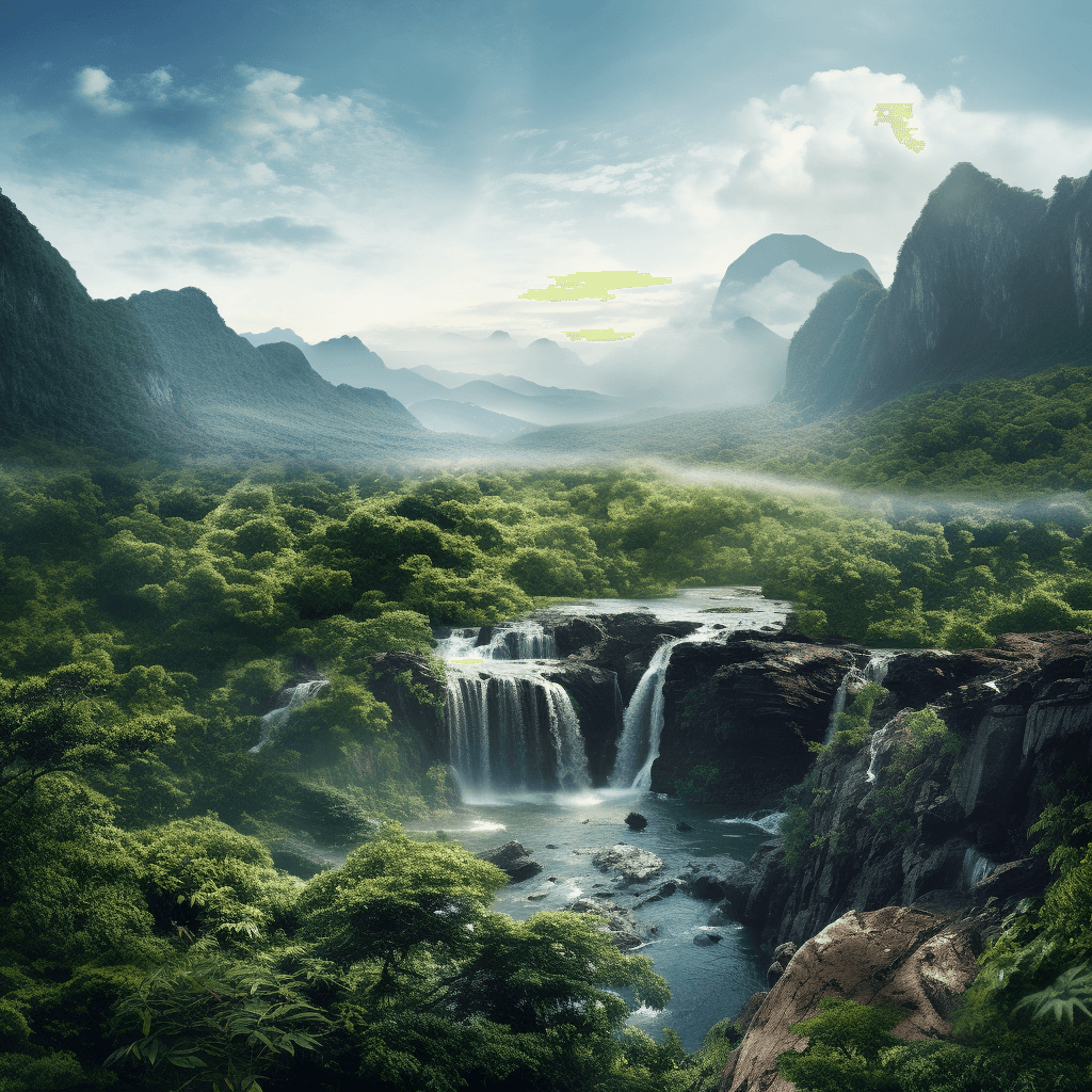 A breathtakingly beautiful nature photograph of a lush green landscape, with tall mountains in the background and a sparkling waterfall in the foreground