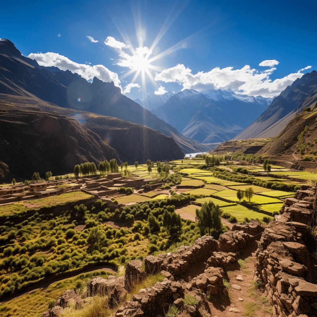 A sun-drenched photograph capturing the immense beauty of the Sacred Valley near Cusco, Peru