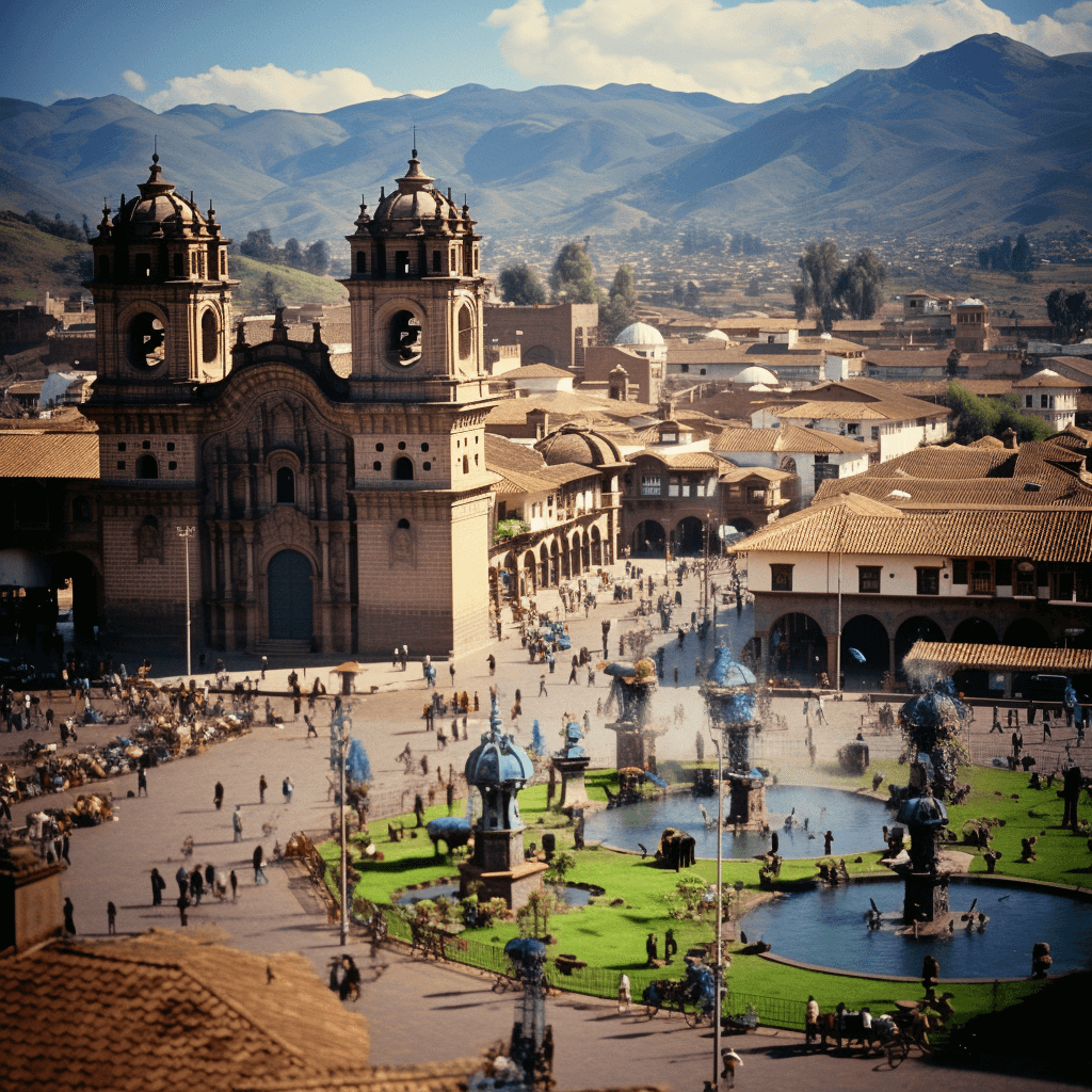 A lively scene of Plaza de Armas, the central square in Cusco, Peru
