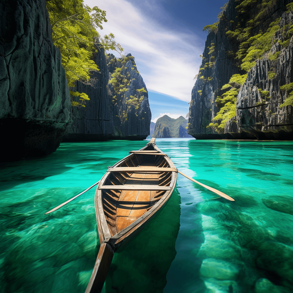 A stunning scene of an outrigger canoe touring the breathtaking Big Lagoon in El Nido, Palawan, Philippines.