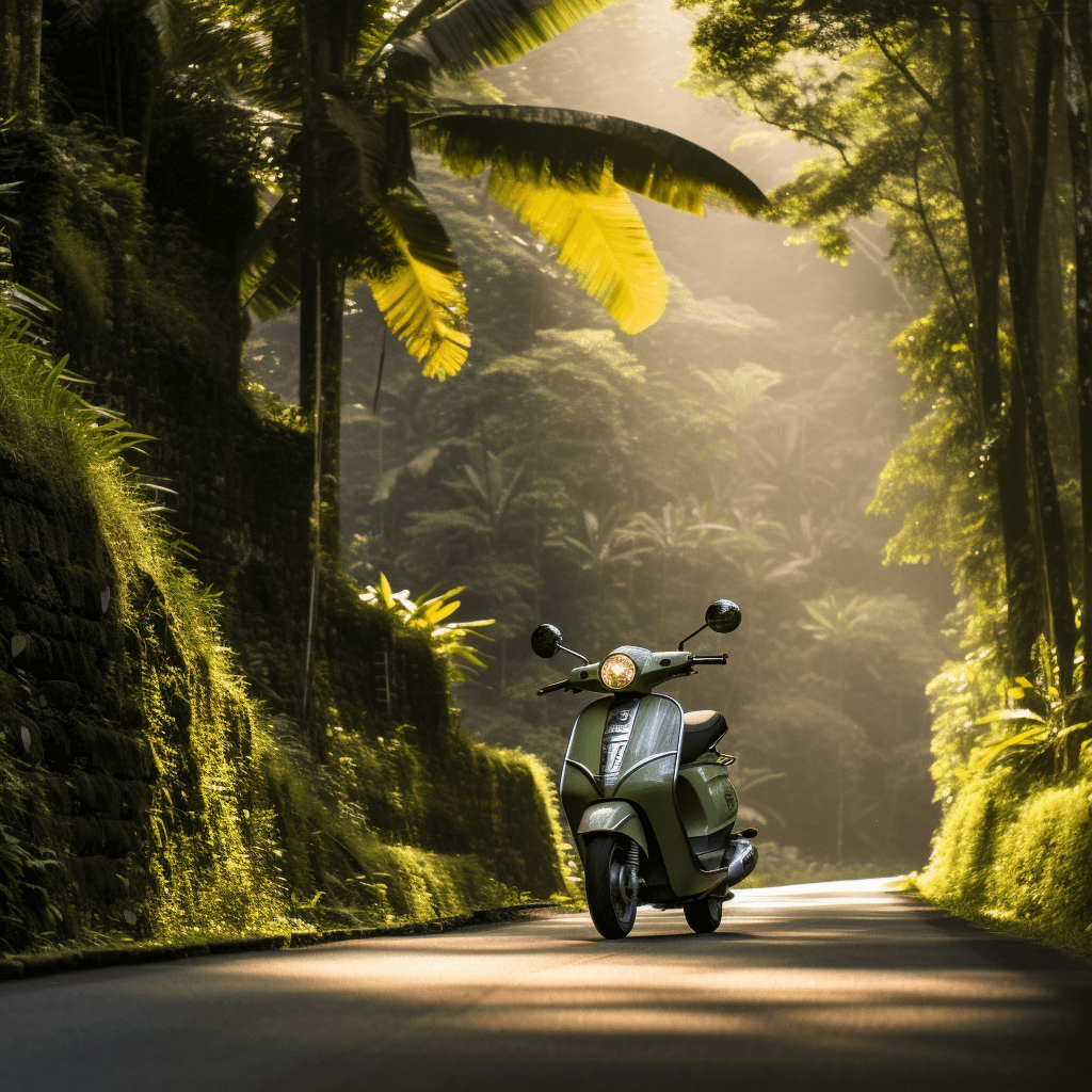 A scooter snaking through the lush jungle on a road in Ubud, Bali