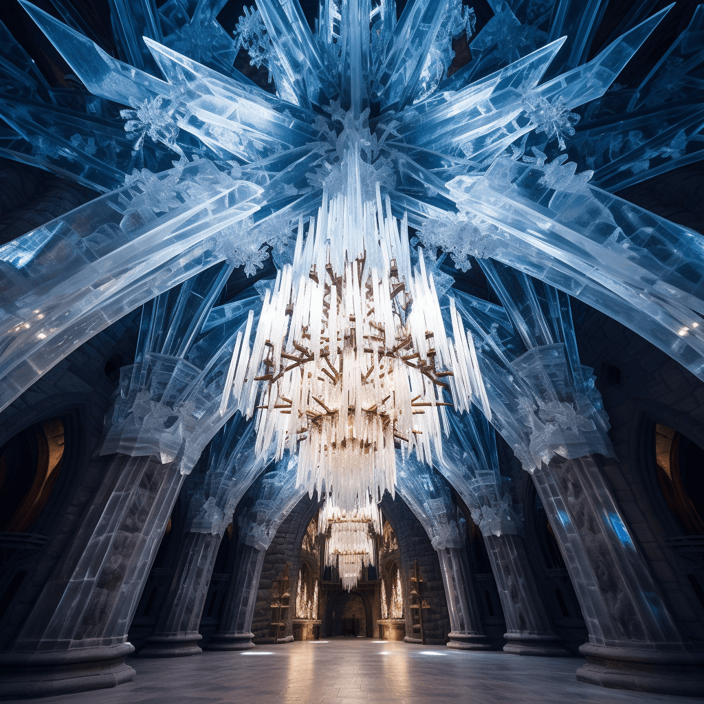 A photo of a grand ice chandelier hanging from the ceiling in a beautiful ice chapel at the Hôtel de Glace in Quebec, Canada.