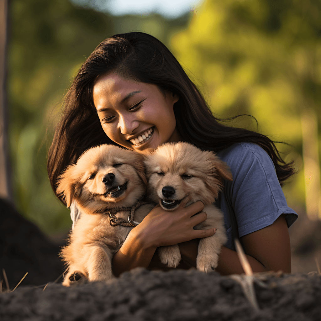 girl holding puppies on nusa ceningan near bali