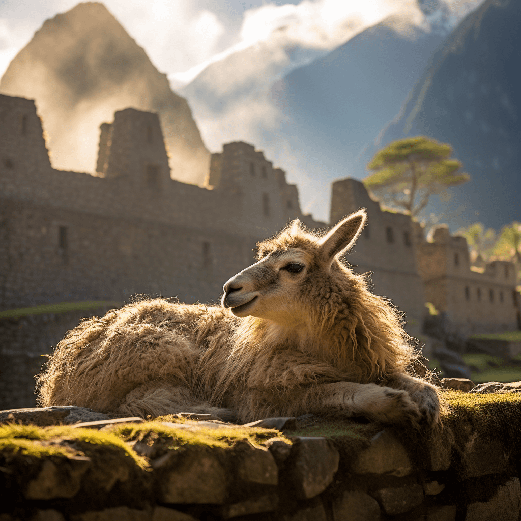 lama relaxing at machu picchu