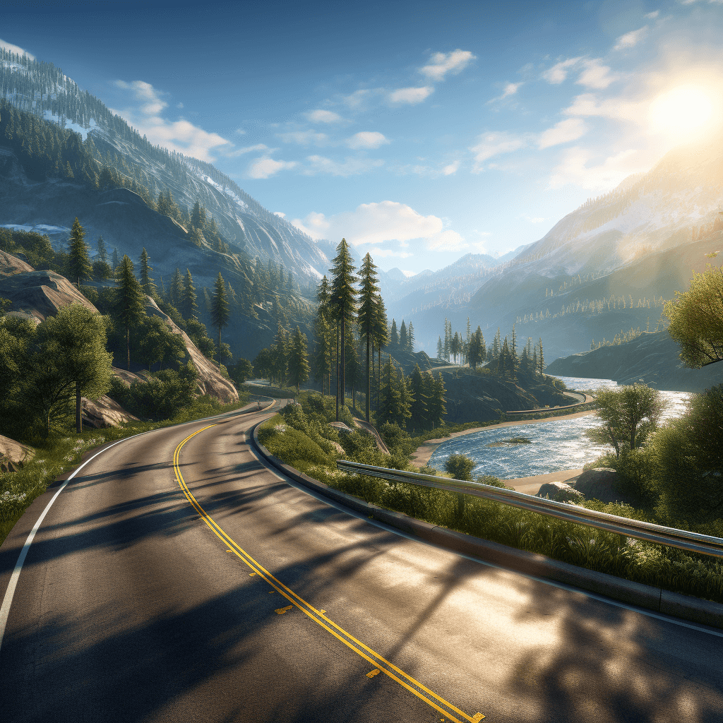 depicting an epic winding mountain road and the surrounding landscape