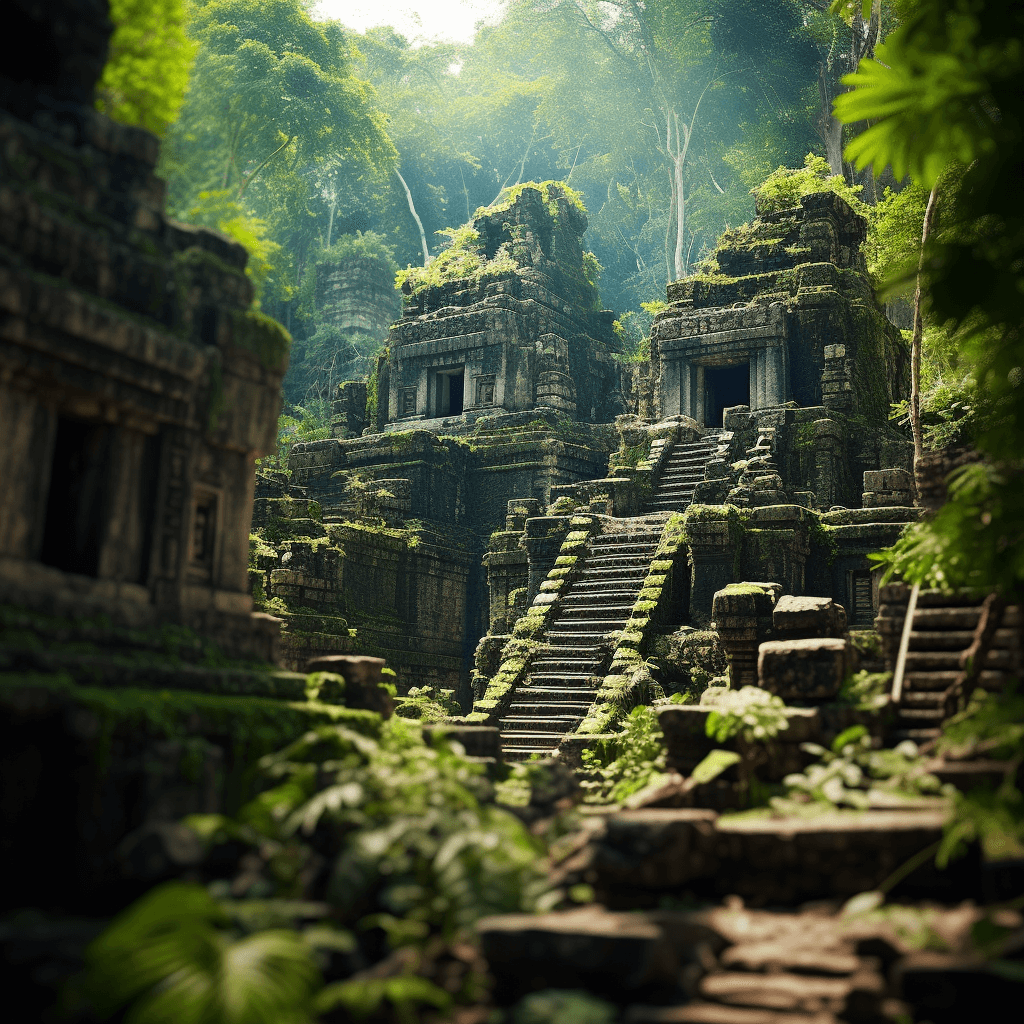 collapsed stone walls and columns, overgrown with moss and vines.