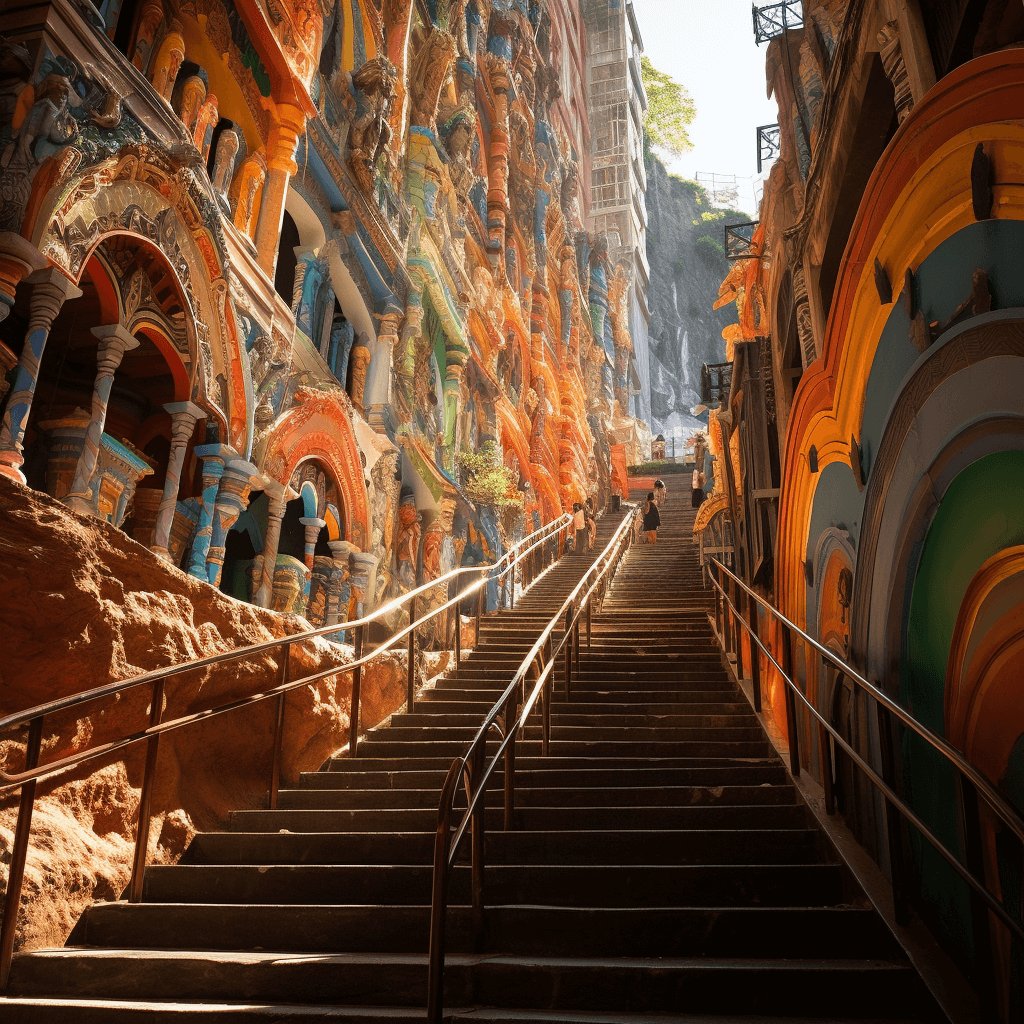 the colorful stairs of the batu caves in kuala lumpur
