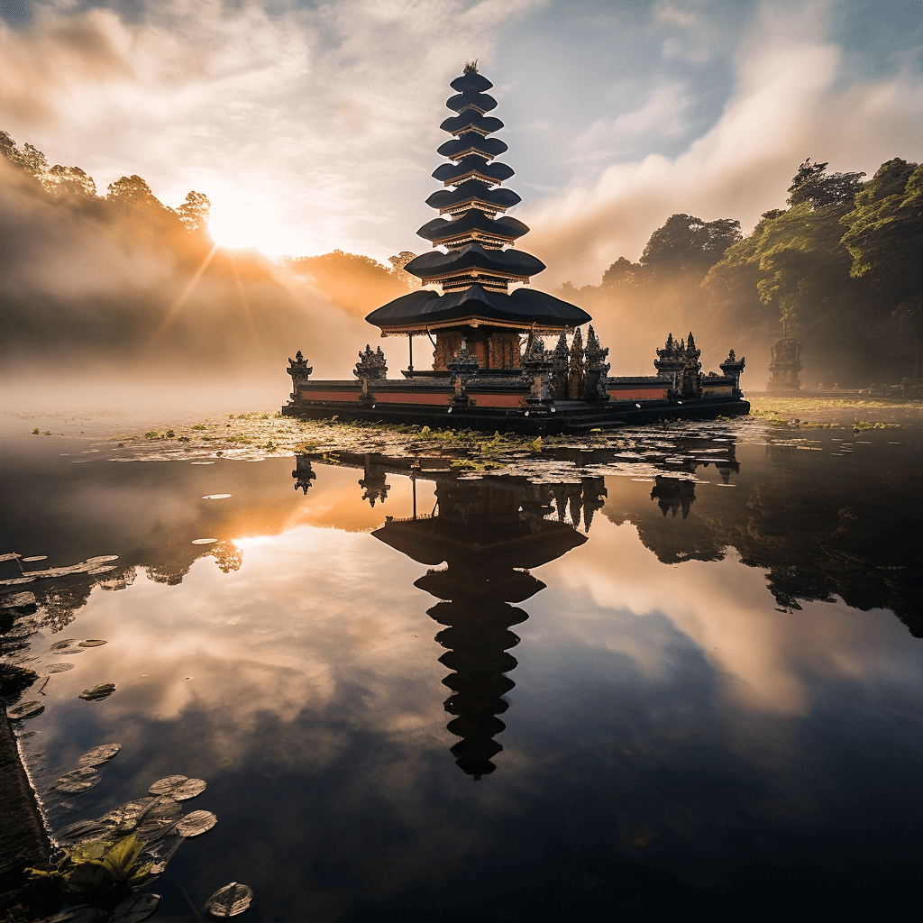 Sunrise over temblingan water temple in bali