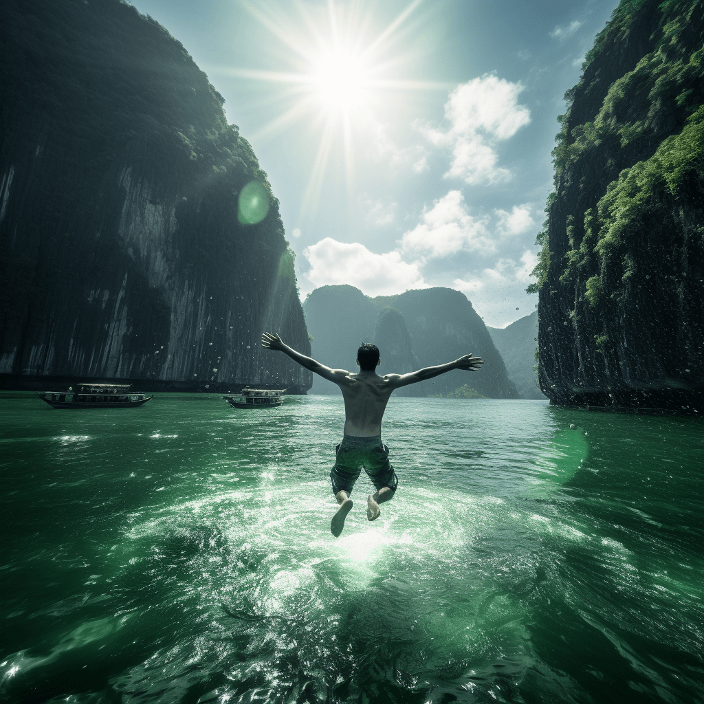 Jumping off boat Lan Ha Bay