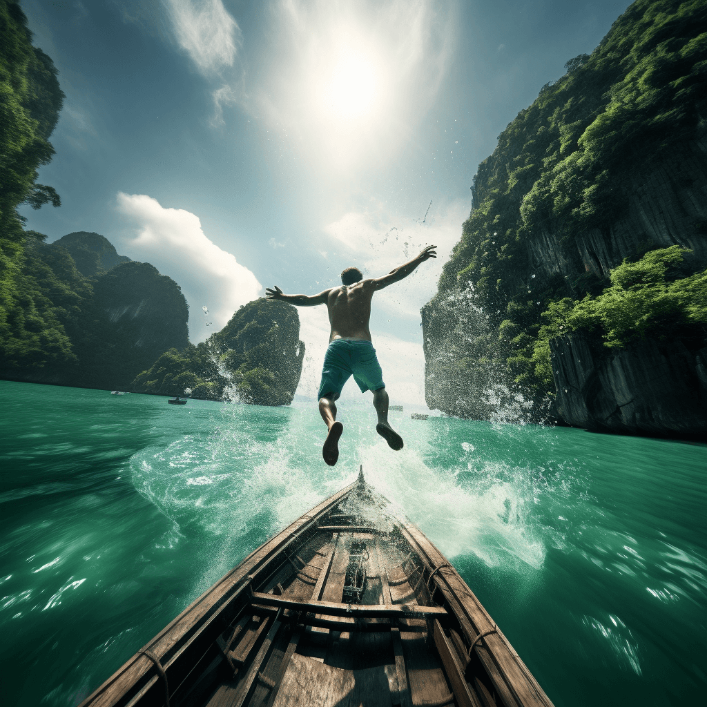 diving off the deck into Lan Ha Bay