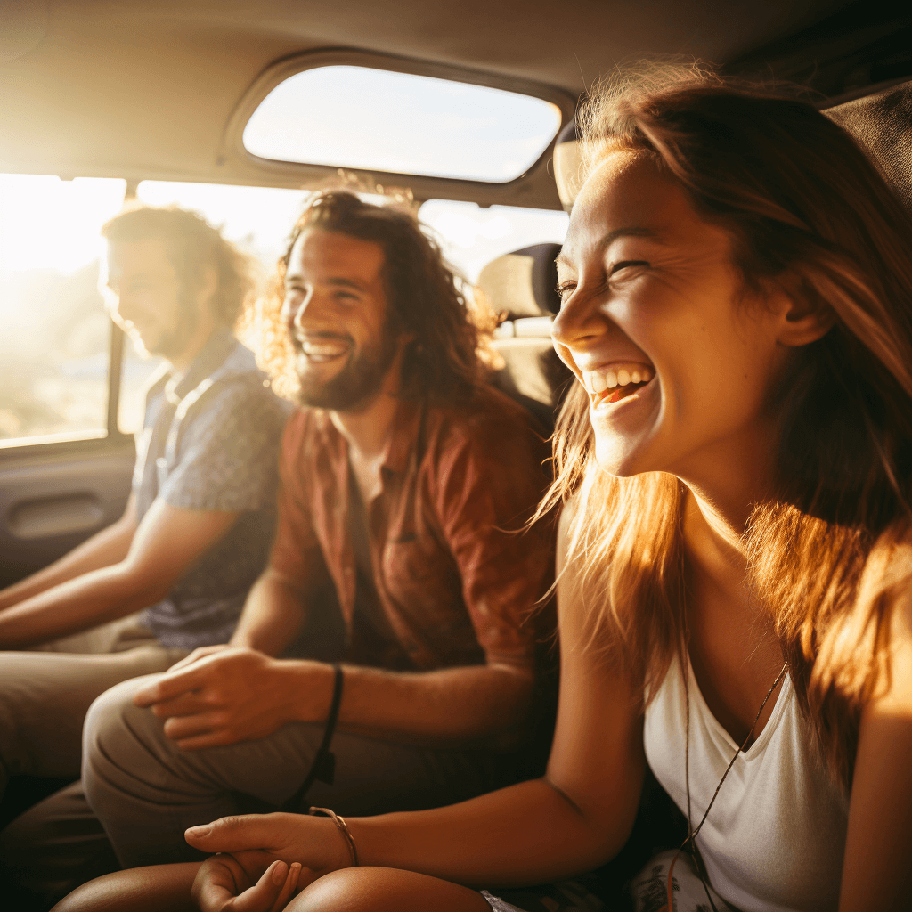 An image of a fun group of friends smiling and laughing together in a van during a fun trip