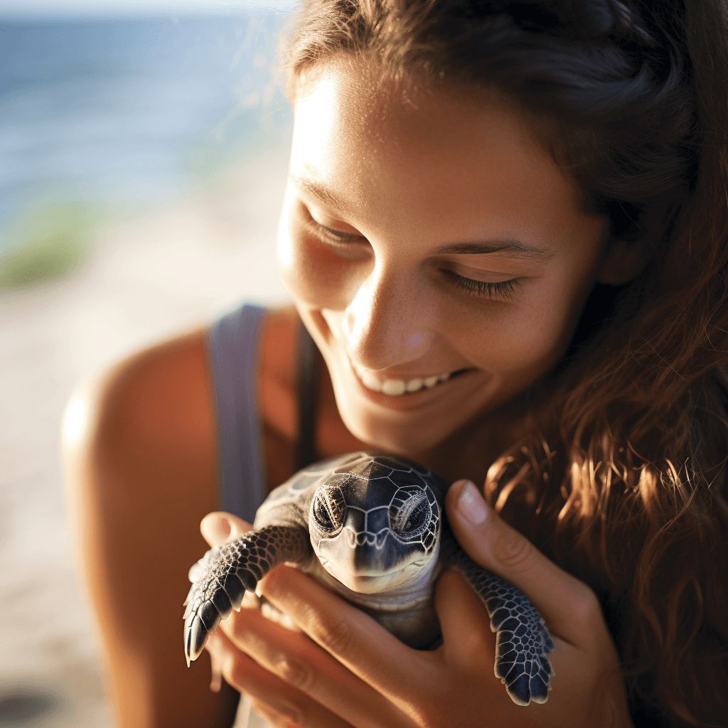 Girl holding a Baby Sea turtle at playa bacocho turtle release in Mexico