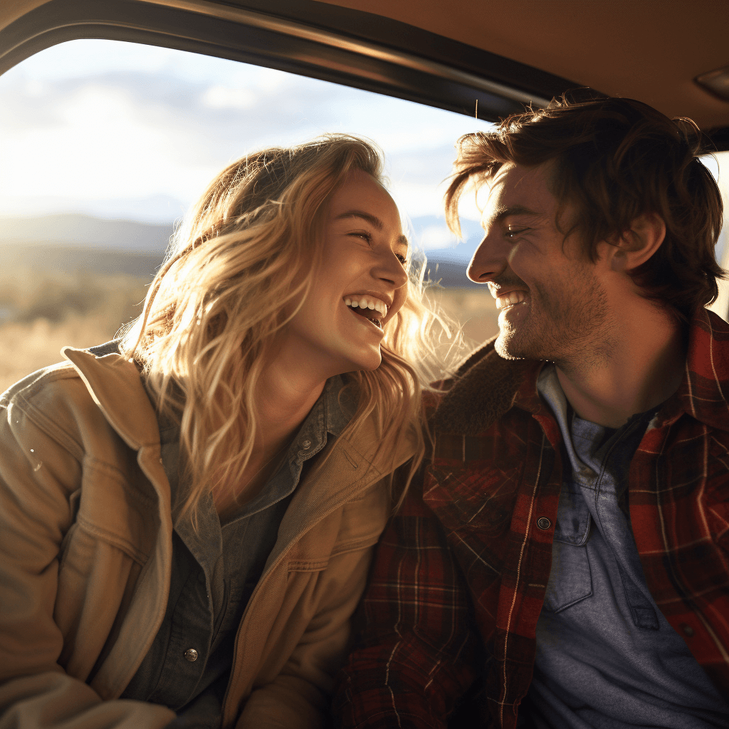 An image of a happy young couple smiling at each other in a car while traveling