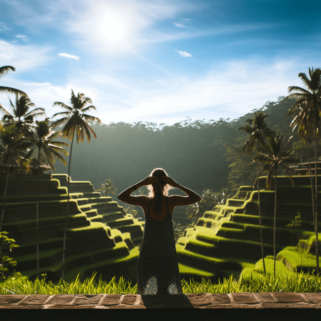 photo of a woman practicing yoga against the backdrop of rice terraces in Ubud, Indonesia