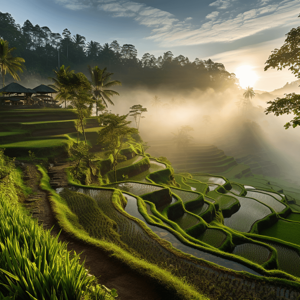 Sunrise over the verdant Tegallalang rice terraces in Bali