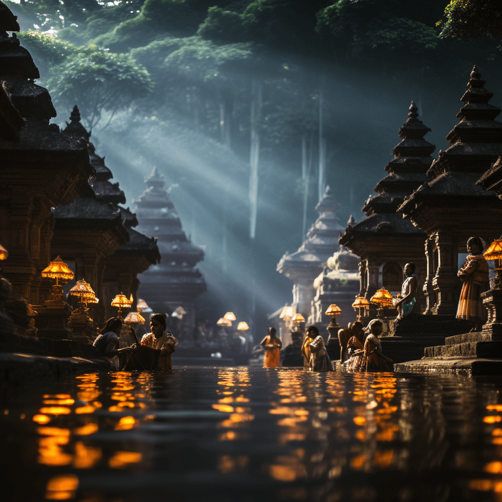 photograph depicting worshipers partaking in the holy Melukat purification ritual at Tirta Empul temple in Bali, Indonesia